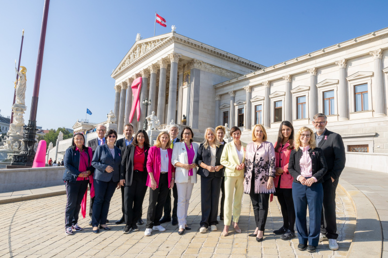 Gruppenfoto. Von links: Geschäftsführerin der Österreichischen Krebshilfe Doris Kiefhaber, Präsident der Österreichischen Krebshilfe Paul Sevelda, Nationalratsabgeordnete Rosa Ecker (FPÖ), Klubobmann Philip Kucher (SPÖ), Nationalratsabgeordnete Selma Yildirim (SPÖ), Klubobfrau Beate Meinl-Reisinger (NEOS), Nationalratsabgeordnete Gudrun Kugler (ÖVP), Bundesratspräsidentin Claudia Arpa (SPÖ), Parlamentsvizedirektorin Susanne Janistyn-Novák, Nationalratsabgeordnete Henrike Brandstötter (NEOS), Zweite Nationalratspräsidentin Doris Bures (SPÖ), Nationalratsabgeordnete Meri Disoski (GRÜNE), Nationalratsabgeordnete Eva Maria Holzleitner (SPÖ), Nationalratsabgeordneter Ralph Schalmeiner (GRÜNE)