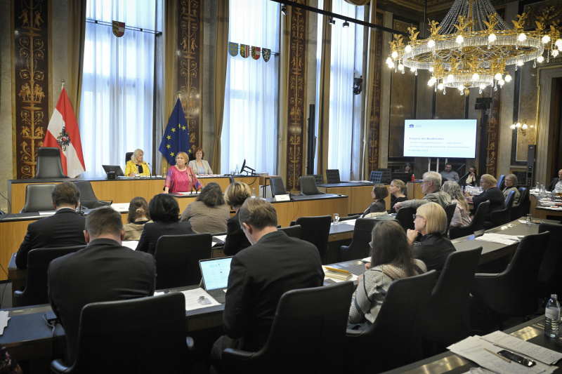 Am Rednerpult: Karin Zimmermann. Blick Richtung Veranstaltungsteilnehmer:innen