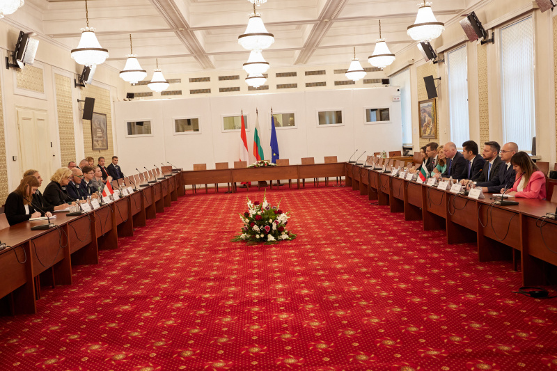Arbeitsgespräch. Linke Seite Österreichische Delegation mit Nationalratspräsident Wolfgang Sobotka (ÖVP), rechte Seite Bulgarische Delegation mit Vorsitzenden der 49. Volksversammlung der Republik Bulgarien Rosen Zhelyazkov