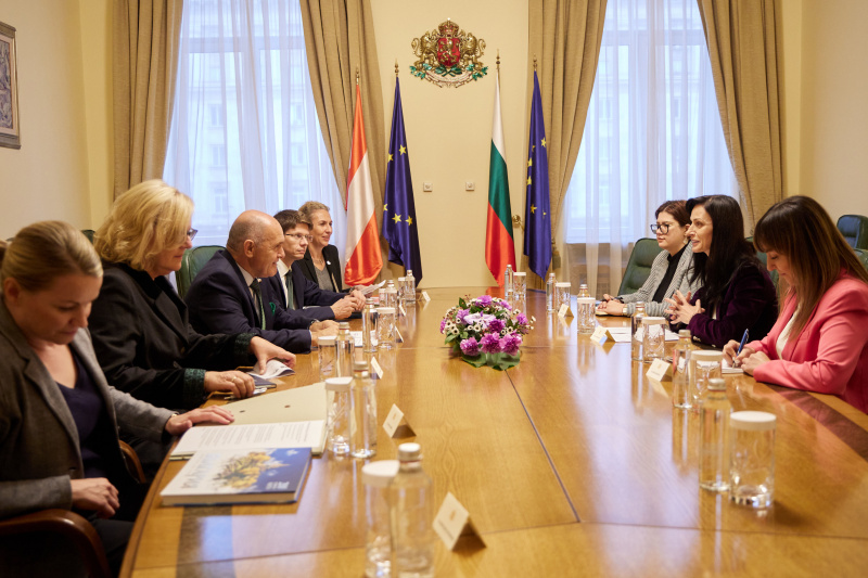 Aussprache. Linke Seite Österreichische Delegation mit Nationalratspräsident Wolfgang Sobotka (ÖVP), rechte Seite Bulgarische Delegation mit Stellvertretende Premierministerin und Außenministerin der Republik Bulgarien Mariya Gabriel