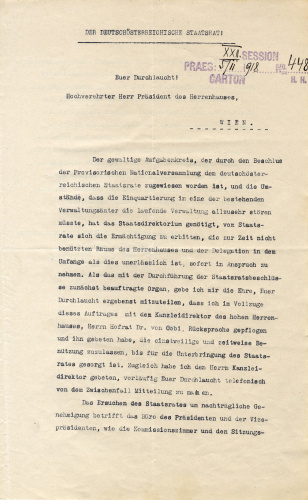 Schreiben von Staatskanzler Dr. Karl Renner an den Präsidenten des Herrenhauses Alfred Fürst Windischgrätz, betreffend die Nutzung der Räume des Herrenhauses durch den Staatsrat im November 1918