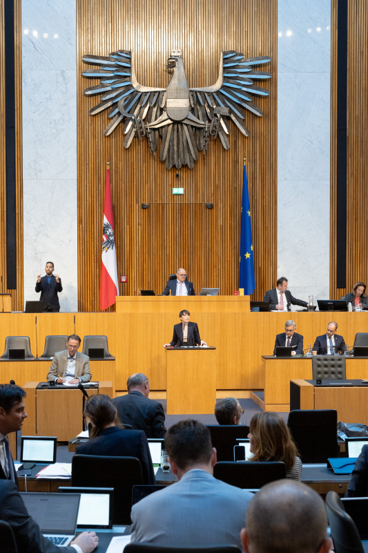 Blick Richtung Sitzungsteilnehmer:innen. Klubobfrau Sigrid Maurer (GRÜNE) am Rednerpult