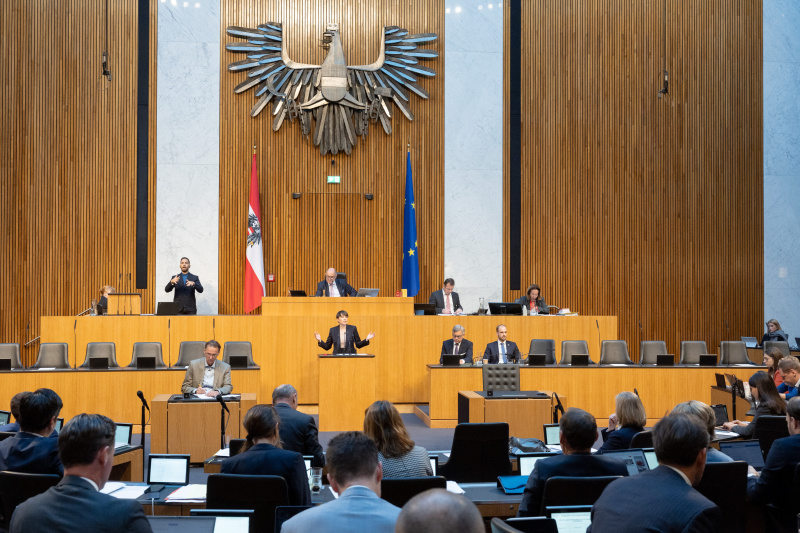 Blick Richtung Sitzungsteilnehmer:innen. Klubobfrau Sigrid Maurer (GRÜNE) am Rednerpult