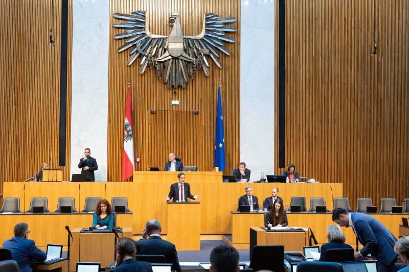 Blick Richtung Sitzungsteilnehmer:innen. Nationalratsabgeordneter Kai Jan Krainer (SPÖ) am Rednerpult