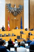Blick Richtung Sitzungsteilnehmer:innen. Nationalratsabgeordneter Axel Kassegger (FPÖ) am Rednerpult