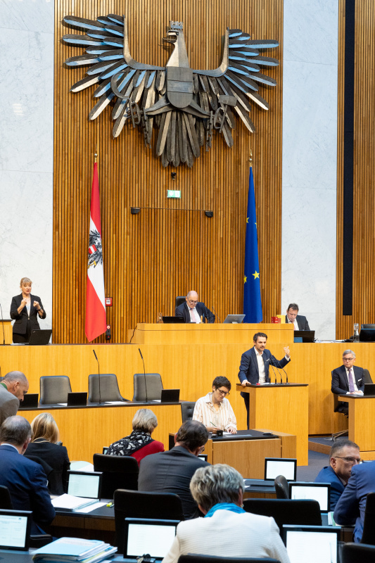 Blick Richtung Sitzungsteilnehmer:innen. Nationalratsabgeordneter Jakob Schwarz (GRÜNE) am Rednerpult