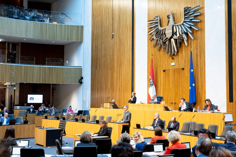 Blick Richtung Sitzungsteilnehmer:innen. Nationalratsabgeordneter Georg Strasser (ÖVP) am Rednerpult