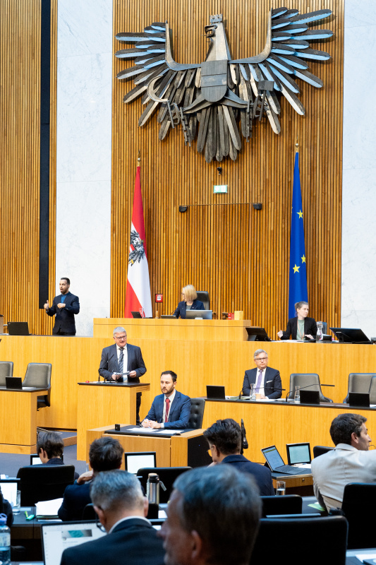 Blick Richtung Sitzungsteilnehmer:innen. Nationalratsabgeordneter Maximilian Linder (FPÖ) am Rednerpult
