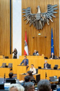 Blick Richtung Sitzungsteilnehmer:innen. Nationalratsabgeordneter Philipp Schrangl (FPÖ) am Rednerpult