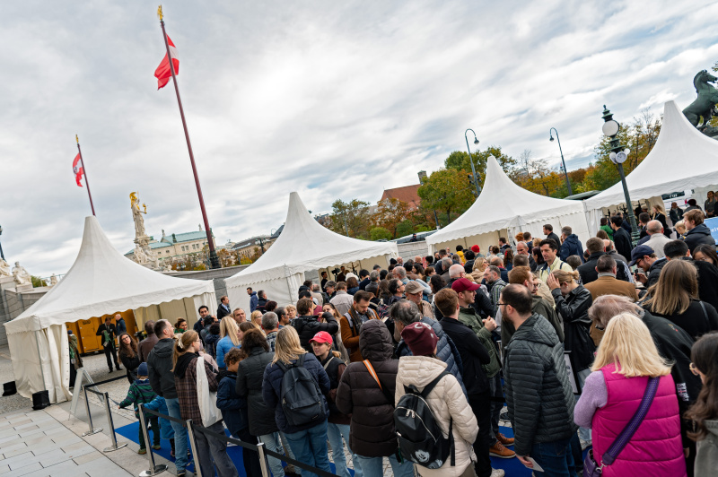 Wartende Veranstaltungsteilnehmer:innen vor dem Parlament