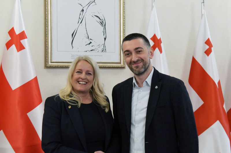 Fahnenfoto. Von links: Bundesratspräsidentin Claudia Arpa (SPÖ), Mitglied des georgischen Parlaments Herman Szabo