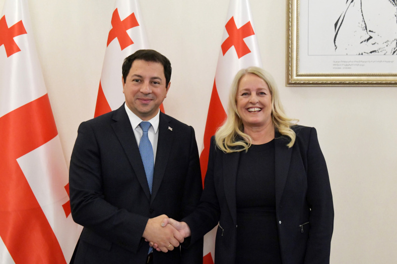 Fahnenfoto. Von links: Bundesratspräsidentin Claudia Arpa (SPÖ), Mitglied des georgischen Parlaments Artschil Talakwadse