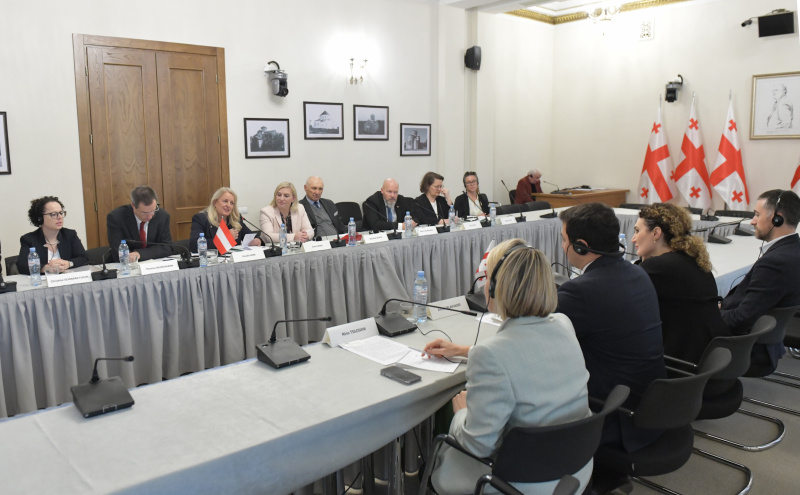 Aussprache. Österreichische Delegation unter der Leitung von Bundesratspräsidentin Claudia Arpa (3. von links)