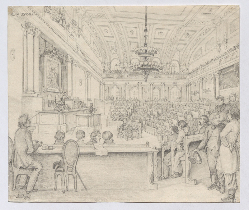 Sitzung des Reichstags in der Winterreitschule in Wien im Juli 1848. Vor den Sitreihen die Stenografen