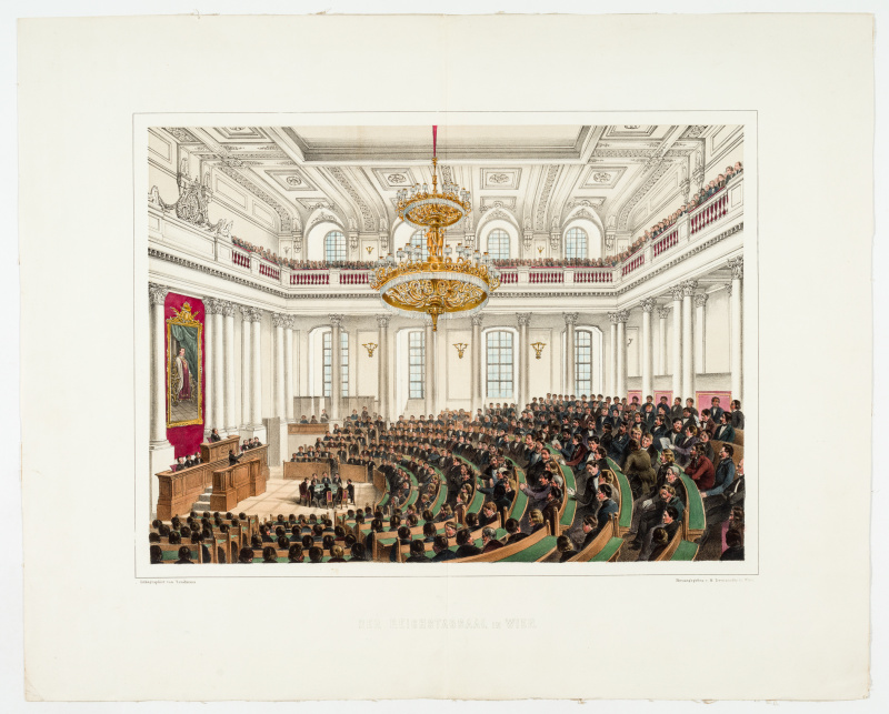 DER REICHSTAGSAAL IN WIEN. (Sitzung des Reichstags in der Winterreitschule, vermutlich am 10. Juli 1848, vor den Sitzreihen die Stenografen)