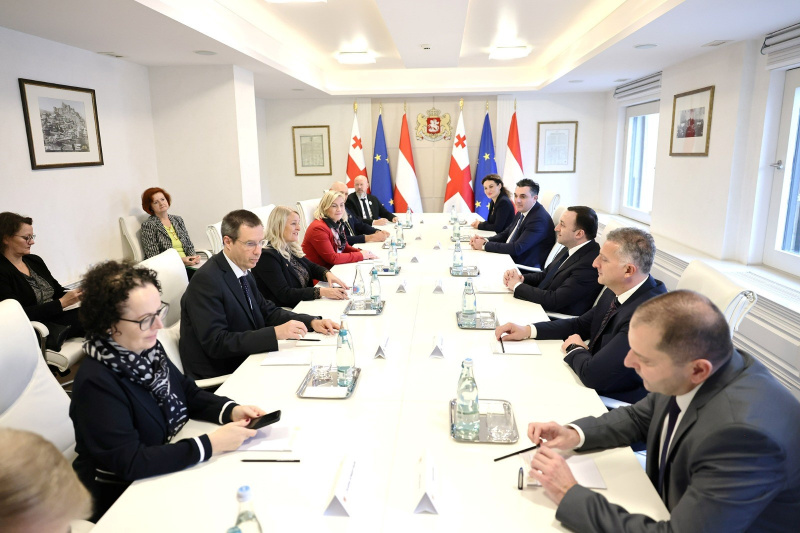 Aussprache. LInke Tischhälfte: Österreichische Delegation unter der Leitung von  Bundesratspräsidentin Claudia Arpa (SPÖ) (3. von links). Rechte Tischhälfte: Georgische Delegation unter der Leitung von des  Premierministers von Georgien Irakli Gharibaschwili (3. von rechts)