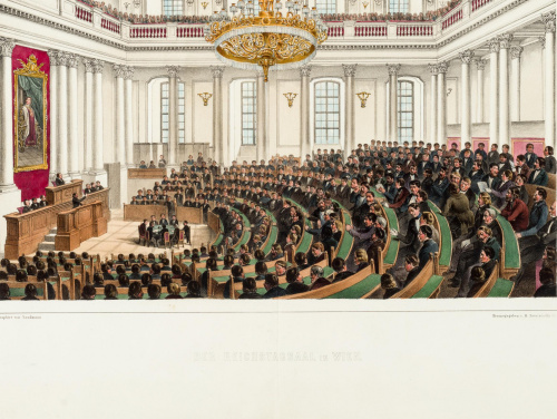DER REICHSTAGSAAL IN WIEN. (Sitzung des Reichstags in der Winterreitschule, vermutlich am 10. Juli 1848, vor den Sitzreihen die Stenografen)
