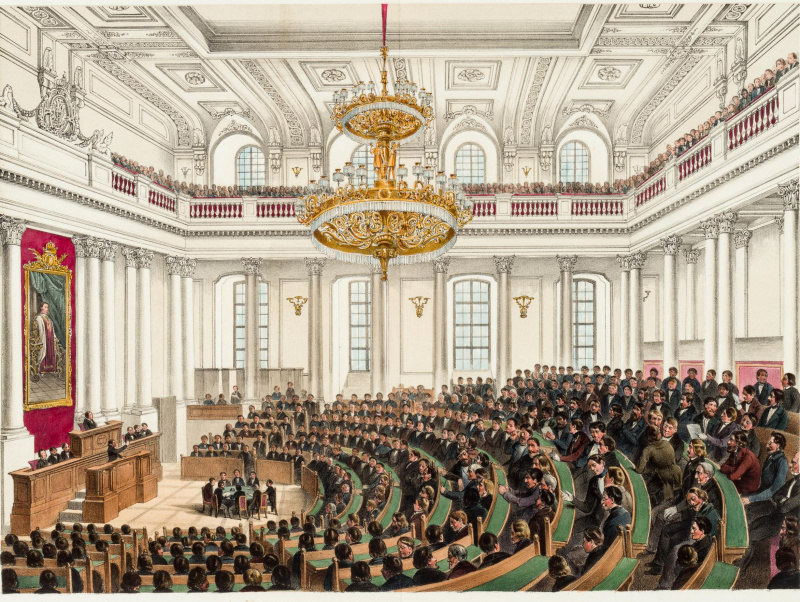 DER REICHSTAGSAAL IN WIEN. (Sitzung des Reichstags in der Winterreitschule, vermutlich am 10. Juli 1848, vor den Sitzreihen die Stenografen)