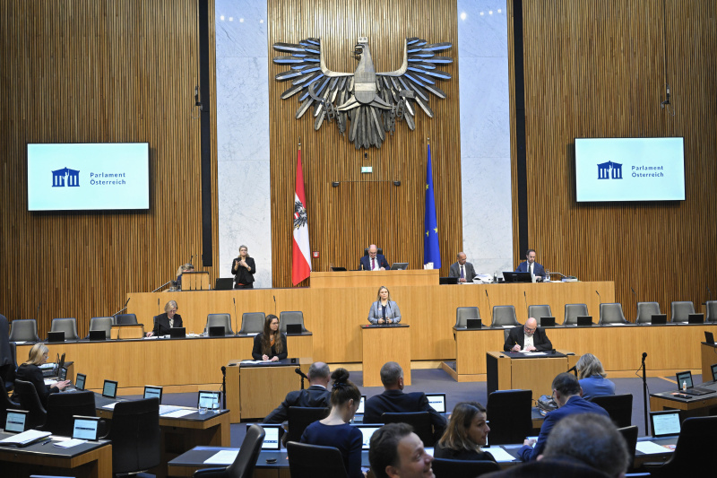 Am Rednerpult: Nationalratsabgeordnete Martina Kaufmann (ÖVP). Blick Richtung Sitzungsteilnehmer:innen