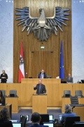 Am Rednerpult: Nationalratsabgeordneter Wolfgang Zanger (FPÖ). Blick Richtung Sitzungsteilnehmer:innen