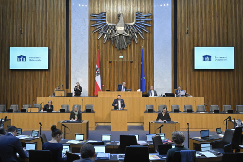 Am Rednerpult: Nationalratsabgeordneter Peter Schmiedlechner (FPÖ). Blick Richtung Sitzungsteilnehmer:innen