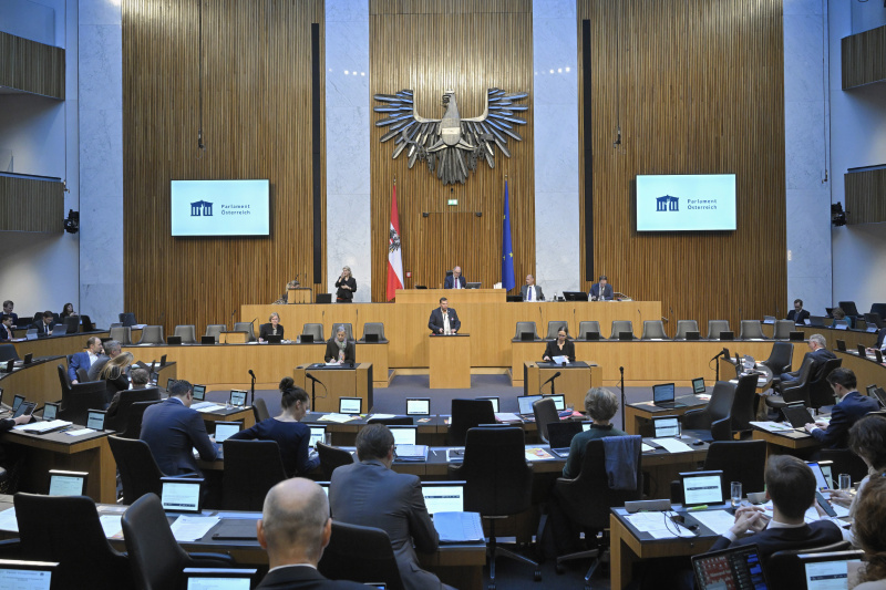 Am Rednerpult: Nationalratsabgeordneter Peter Schmiedlechner (FPÖ). Blick Richtung Sitzungsteilnehmer:innen