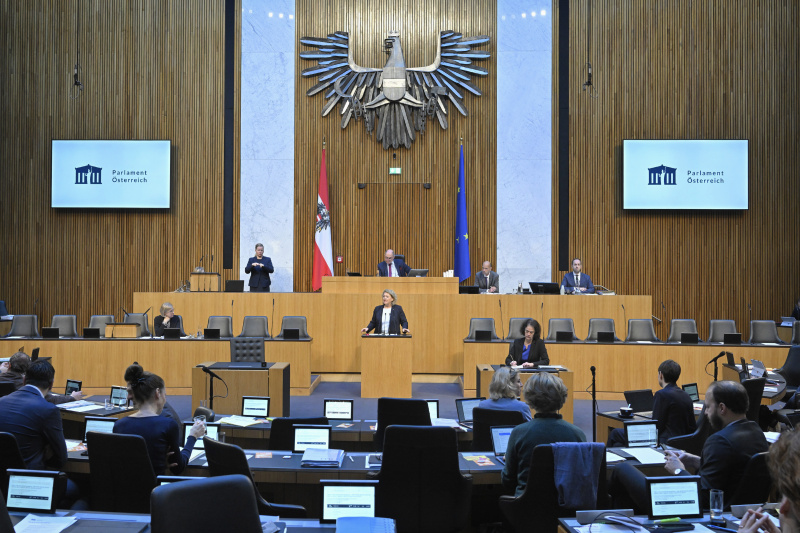 Am Rednerpult: Nationalratsabgeordnete Gertraud Salzmann (ÖVP). Blick Richtung Sitzungsteilnehmer:innen