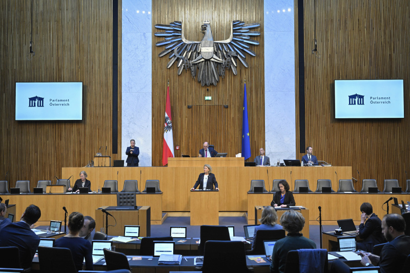 Am Rednerpult: Nationalratsabgeordnete Gertraud Salzmann (ÖVP). Blick Richtung Sitzungsteilnehmer:innen