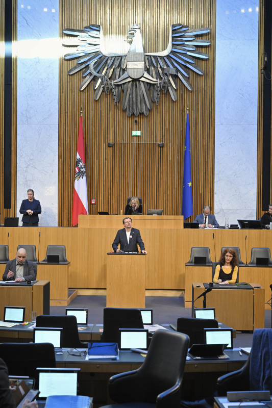 Am Rednerpult: Nationalratsabgeordneter Rudolf Silvan (SPÖ). Blick Richtung Sitzungsteilnehmer:innen