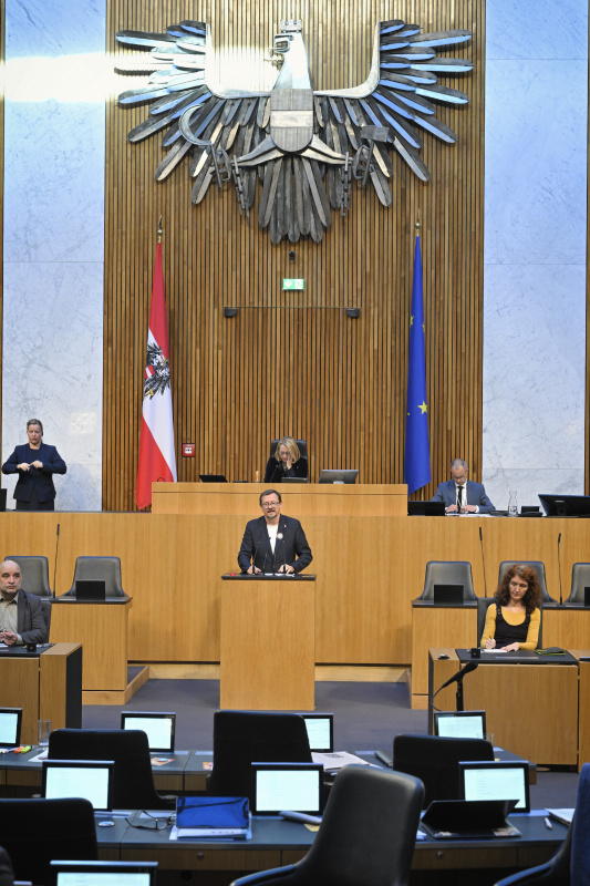 Am Rednerpult: Nationalratsabgeordneter Rudolf Silvan (SPÖ). Blick Richtung Sitzungsteilnehmer:innen