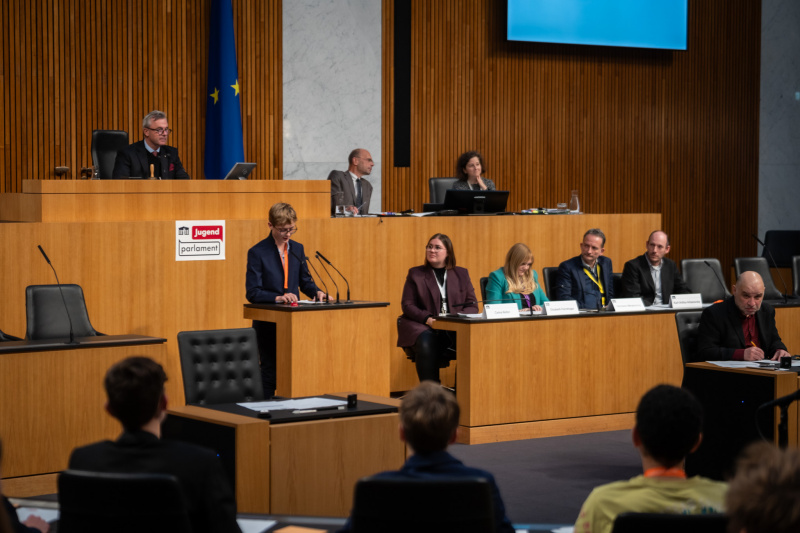 Plenarsitzung zum Abschluss des Jugendparlaments. Schüler:in am Rednerpult