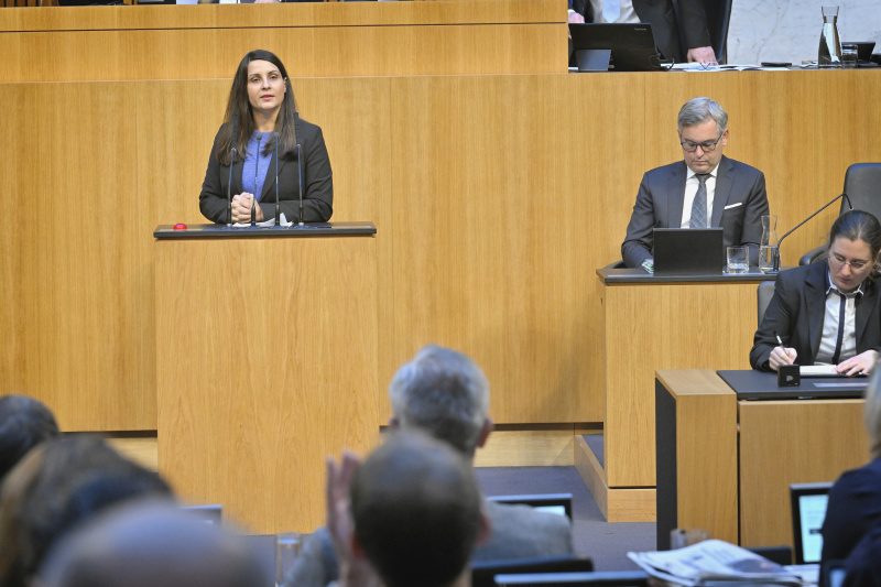 Am Rednerpult: Nationalratsabgeordnete Meri Disoski (GRÜNE). Regierungsbank: Finanzminister Magnus Brunner (ÖVP)