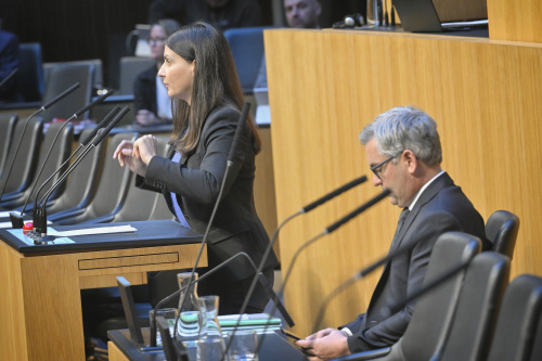 Am Rednerpult: Nationalratsabgeordnete Meri Disoski (GRÜNE). Regierungsbank: Finanzminister Magnus Brunner (ÖVP)