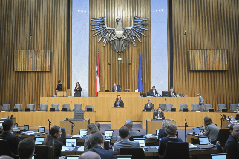 Am Rednerpult: Nationalratsabgeordnete Meri Disoski (GRÜNE). Regierungsbank: Finanzminister Magnus Brunner (ÖVP)