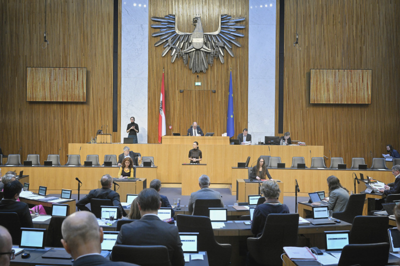 Am Rednerpult: Nationalratsabgeordnete Susanne Fürst (FPÖ). Regierungsbank: Finanzminister Magnus Brunner (ÖVP)