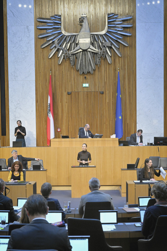 Am Rednerpult: Nationalratsabgeordnete Susanne Fürst (FPÖ). Regierungsbank: Finanzminister Magnus Brunner (ÖVP)