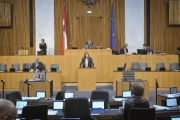 Am Rednerpult: Nationalratsabgeordnete Petra Steger (FPÖ).Blick Richtung Sitzungsteilnehmer:innen