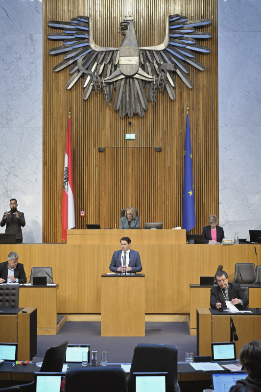 Am Rednerpult: Nationalratsabgeordneter Christoph Zarits (ÖVP).Blick Richtung Sitzungsteilnehmer:innen