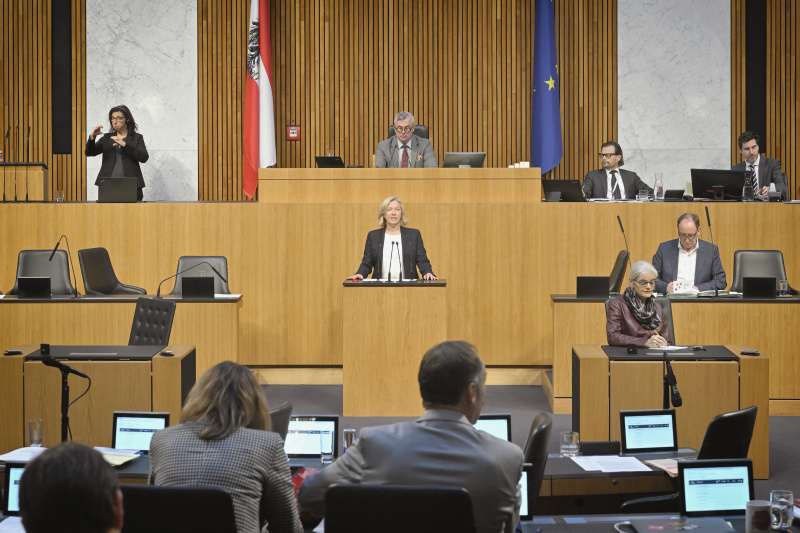 Am Rednerpult: Nationalratsabgeordnete Verena Nussbaum (SPÖ). Blick Richtung Sitzungsteilnehmer:innen