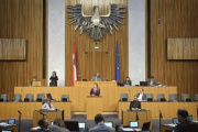Am Rednerpult: Nationalratsabgeordnete Fiona Fiedler (NEOS). Blick Richtung Sitzungsteilnehmer:innen