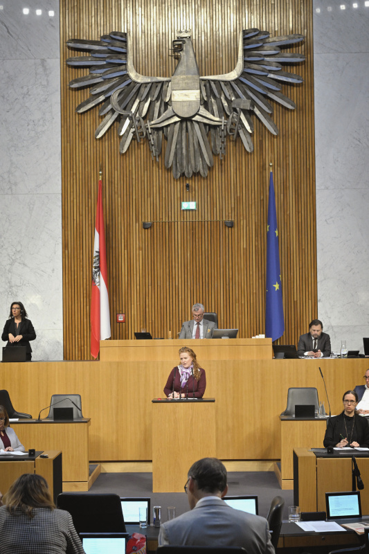 Am Rednerpult: Nationalratsabgeordnete Fiona Fiedler (NEOS). Blick Richtung Sitzungsteilnehmer:innen