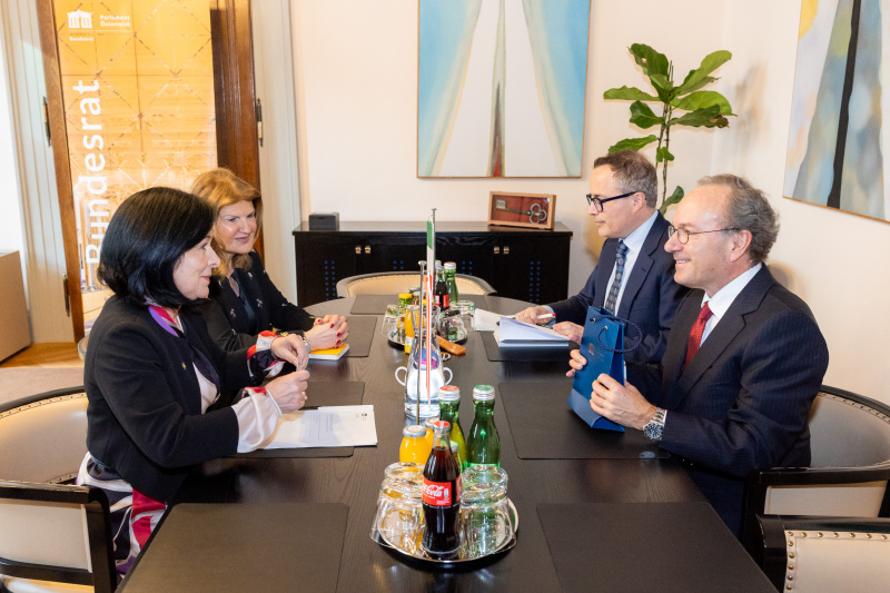 Aussprache. Linke Tischhälfte: Österreichische Delegation unter der Leitung von Bundesratspräsidentin Margit Göll (ÖVP) (links).  Rechte Tischhälfte: Italienische Delegation unter der Leitung des Italienischen Botschafters in Österreich Giovanni Pugliese (rechts)