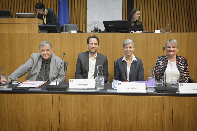 Von links: Sprecher des Volksbegehrens Stefan Grünberger, stellvertretender Sprecher des Volksbegehrens Clemens Grünberger, Literaturwissenschaftlerin und Gleichbehandlungsexpertin Susanne Hochreiter, Expertin und Geschäftsführerin des Rates für deutsche Rechtschreibung Sabine Krome