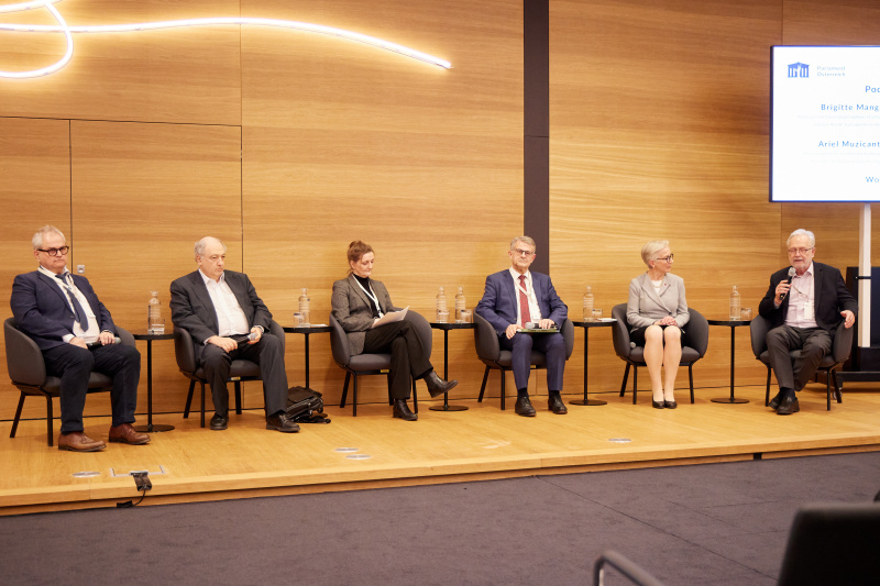 Podiumsdiskussion „Jüdische Friedhöfe als kulturelles Erbe“. Von links: Landschaftsarchitekt Gerhard Rennhofer, Präsident des European Jewish Congress Ariel Muzicant, Rechtsexpertin des Bundesdenkmalamts Sylvia Preinsperger, Dombaumeister Wolfgang Zehetner, Professorin für Gartendenkmalpflege an der Hochschule Anhalt Brigitte Mang, Obmann des Komitees zur Erhaltung des jüdischen Friefhofs Klosterneuburg Heinz G. Schratt