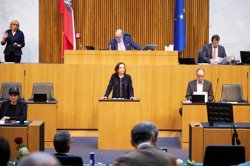 Am Rednerpult Nationalratsabgeordnete Martina Künsberg Sarre (NEOS)