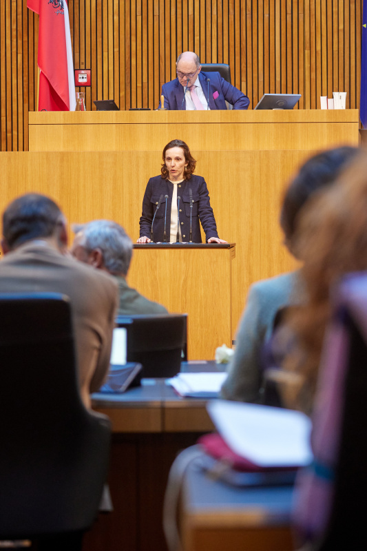Am Rednerpult Nationalratsabgeordnete Martina Künsberg Sarre (NEOS)