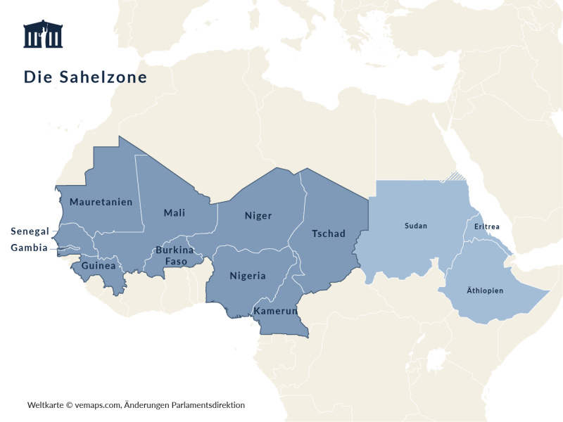 : Darstellung der Staaten, die laut VN der Sahelregion zugeordnet und in der United Nations Integrated Strategy for the Sahel (UNISS) miteinbezogen werden (dunkelblau). Weitere Staaten, die oftmals der Sahelregion zugeordnet werden sind Sudan, Eritrea und Äthiopien (hellblau)