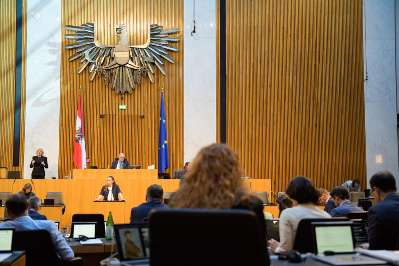 Am Redner:innenpult: Nationalratsabgeordnete Nina Tomaselli (GRÜNE)