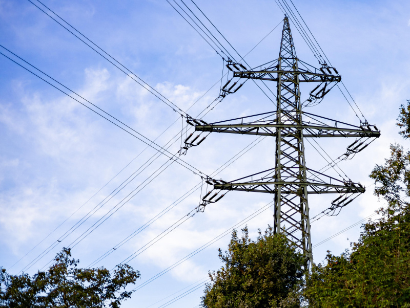 Hochspannungsmast mit Leitung über Bäumen