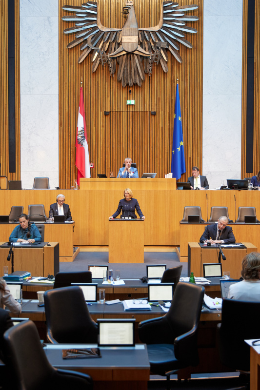 Am Redner:innenpult Zweite Nationalratspräsidentin Doris Bures (SPÖ)